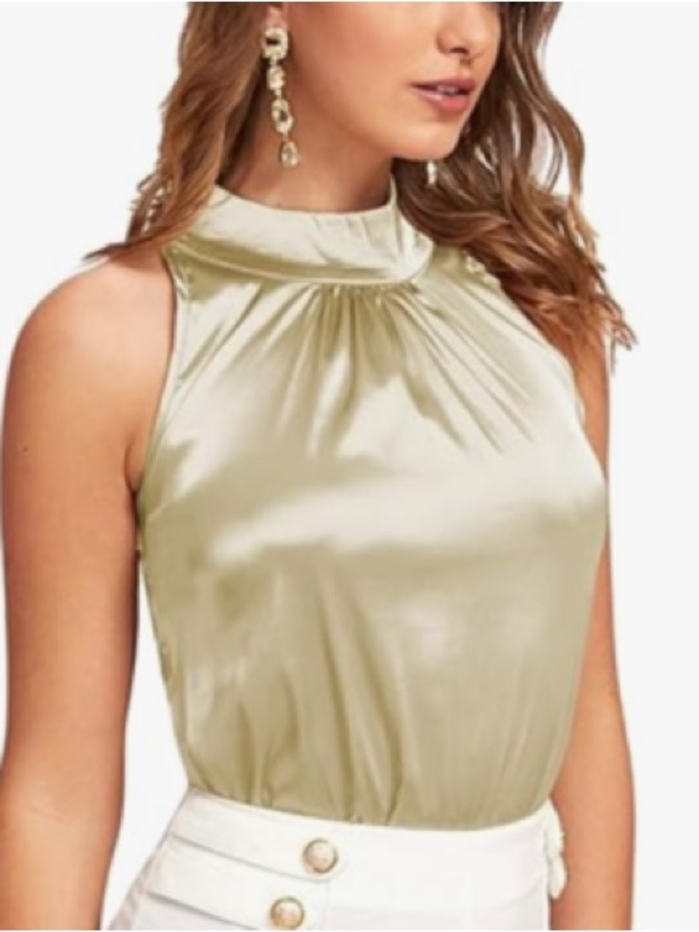 Sleeveless Satin Mock Neck Camisole in Light Gold